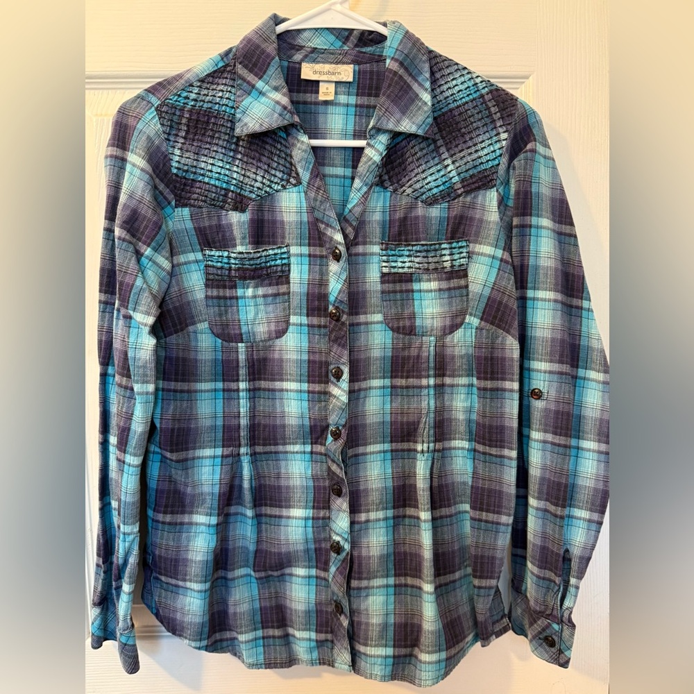 dressbarn Blue and Purple Plaid Button-Up
